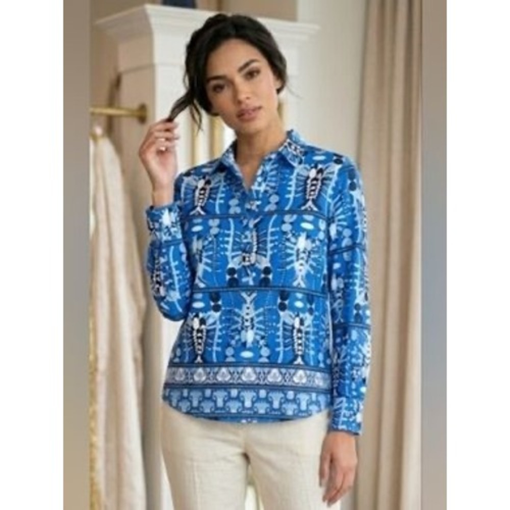 Jude Connally Blue Seaside Catch Print Tunic Top Womens M NEW